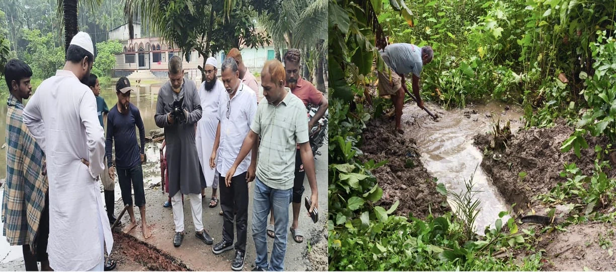 চ্যানেল এসের সংবাদ প্রকাশের  পর বর্নি মাদ্রাসার জলাবদ্ধতা নিরসনে মাঠে বিএনপির নেতাকর্মীরা