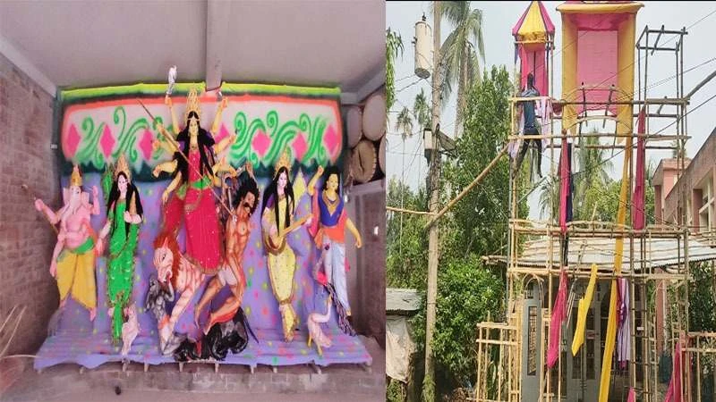 টুঙ্গিপাড়ায় শারদীয় দুর্গোৎসব ঘিরে মণ্ডপে চলছে শেষ মুহূর্তের প্রস্তুতি