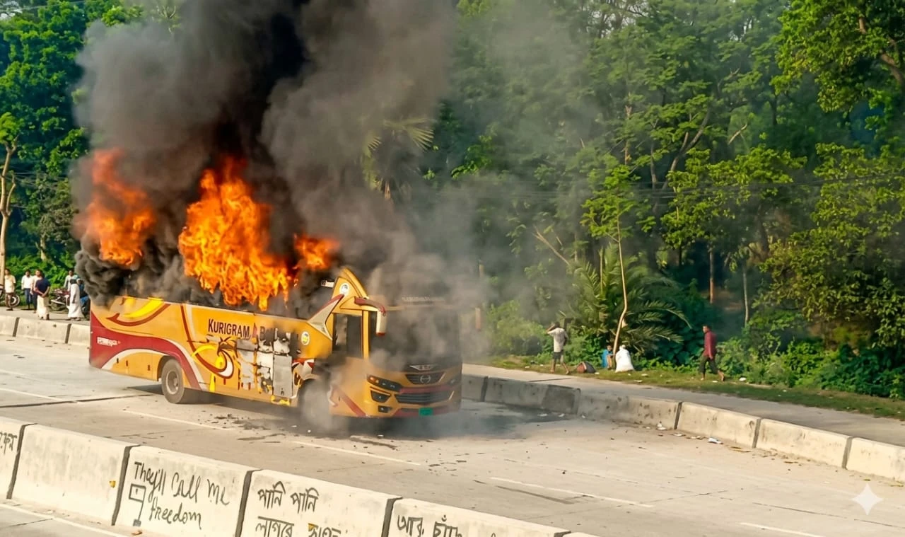বগুড়ায় চলন্ত বাসে আগুন, অল্পের জন্য রক্ষা পেল যাত্রীরা