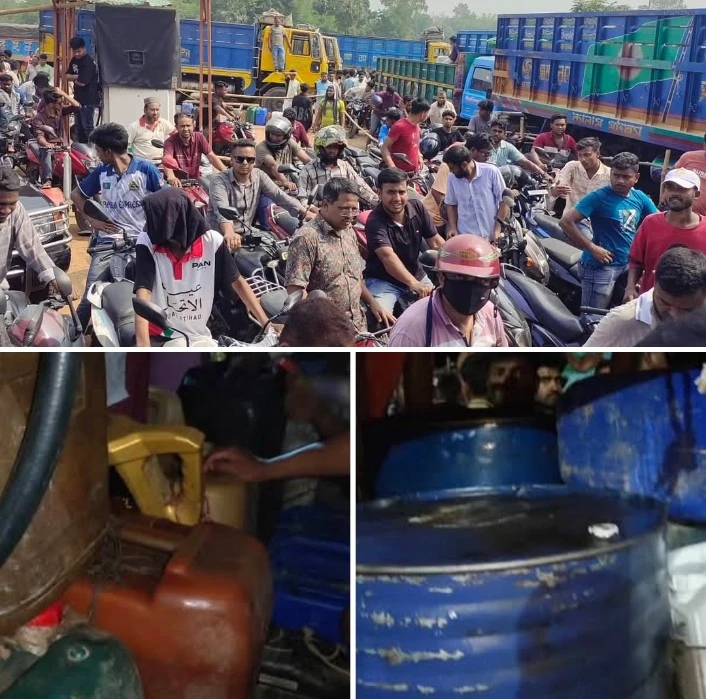 নওগাঁয় জ্বালানি সংকট: দীর্ঘ লাইনে ভোগান্তি, কালোবাজারে বাড়ছে তেলের দাম