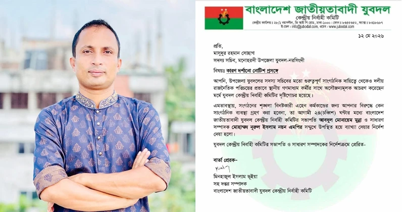 সাংবাদিকের সাথে অপেশাদার আচরণ: চ্যানেল এস-এ সংবাদ প্রকাশের পর মনোহরদী উপজেলা যুবদল নেতাকে শোকজ